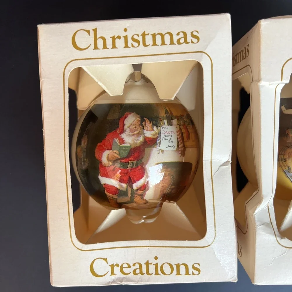 Vintage Santa Claus Glass Ornaments Set of 4 Double Sided Coca Cola Style W/Box